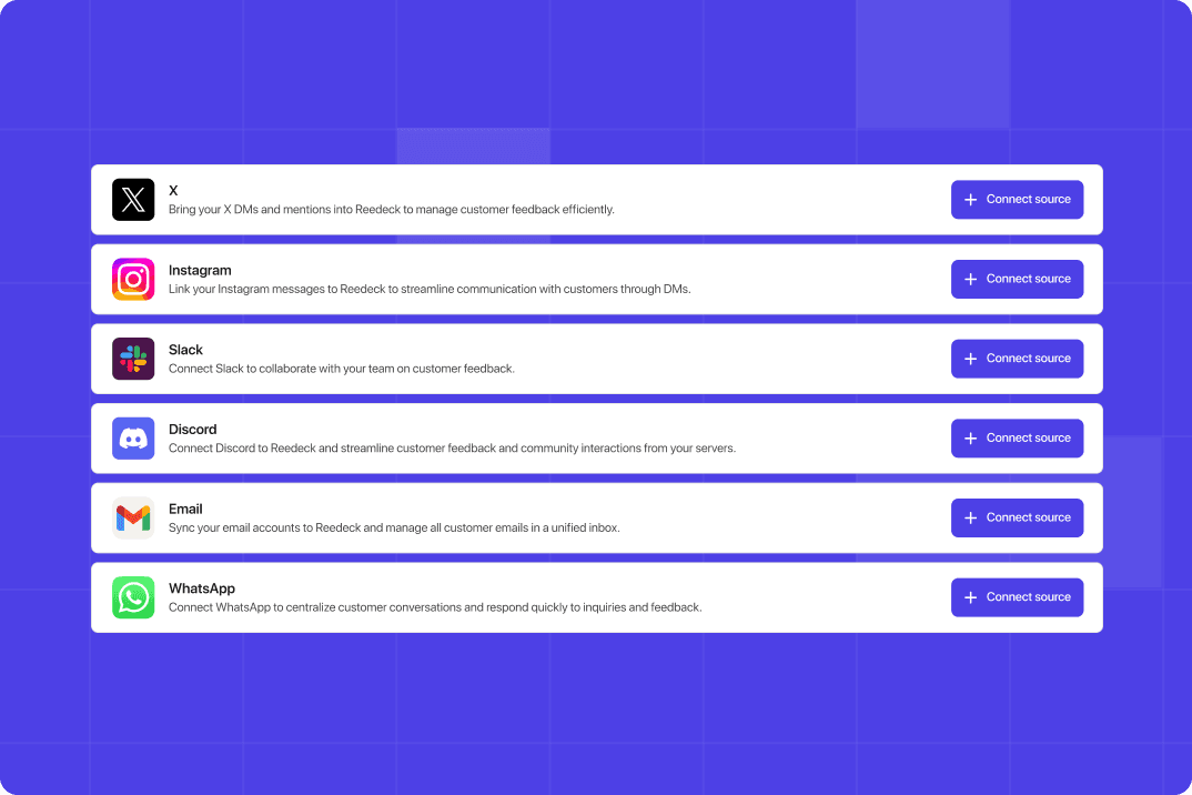 Multi-channel integration dashboard showing various social media platforms