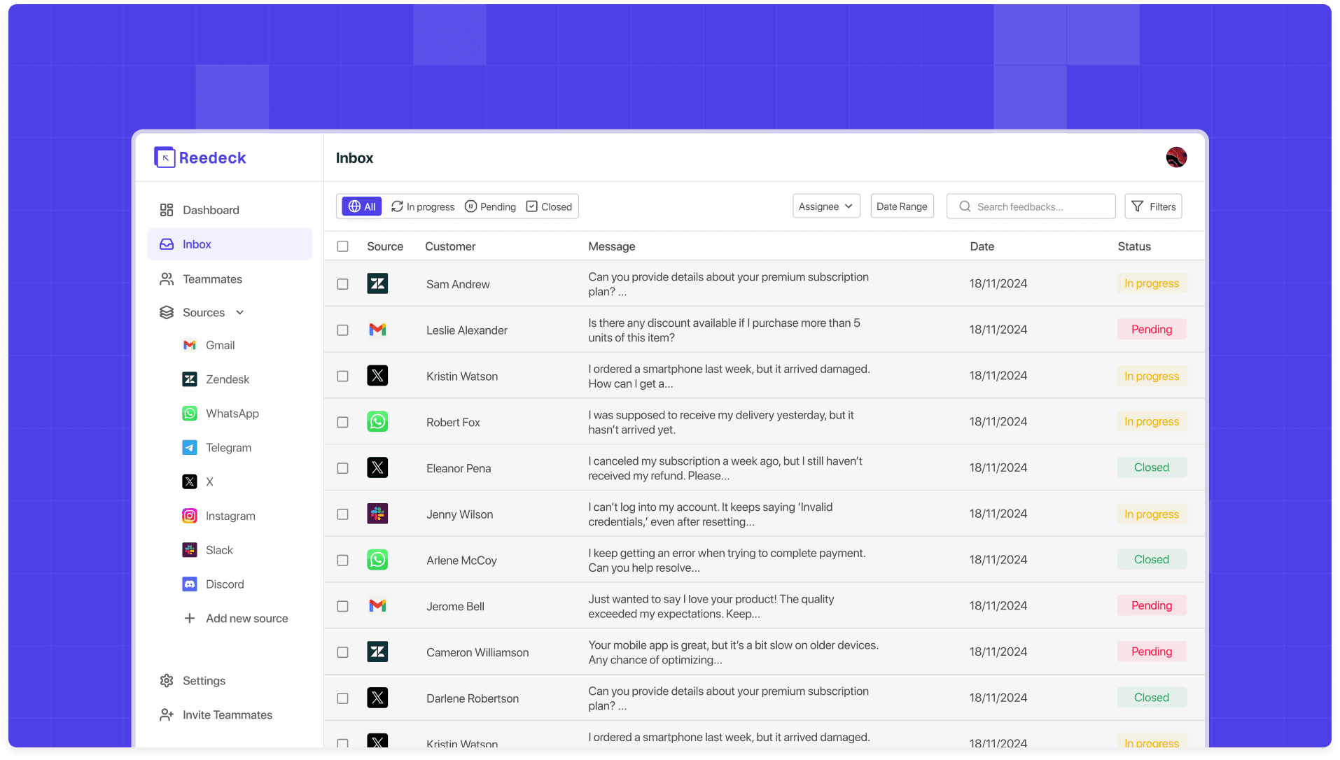 Reedeck dynamic customer support dashboard showing multi-channel inbox